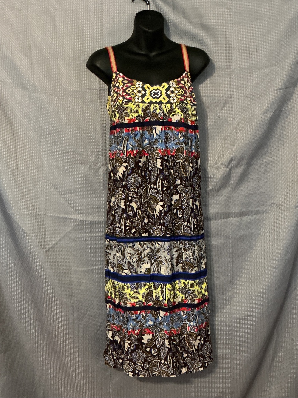 Anthropologie Spaghetti-Strap Mixed Print Maxi Dress in Yellow, Blue, Pink